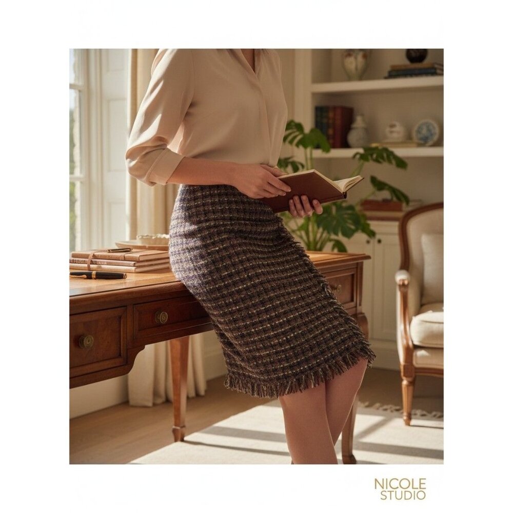 Nicole Studio Tweed Fringe Pencil Skirt Size 10 Multicolor Acrylic Polyester Ble - Picture 3 of 12